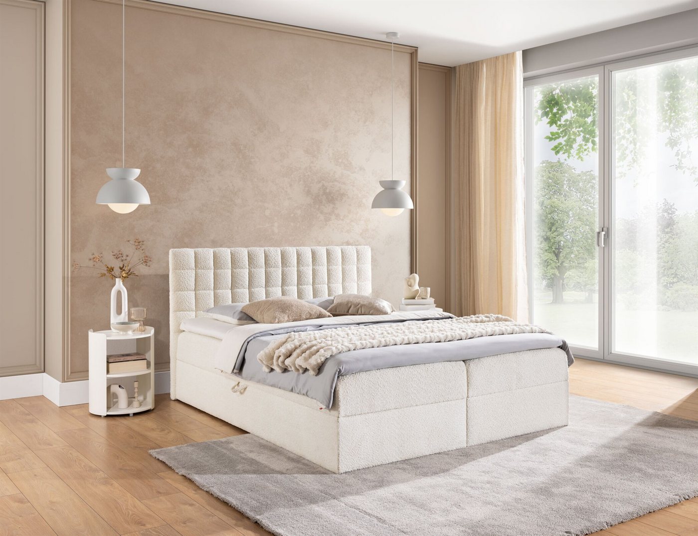Fun Möbel Boxbett Schlafzimmerbett TORIBO PREMIUM Überlänge Stoff Coral (220cm) (inkl. Bettkasten, inkl. Taschenfederkernmatratze), inkl. Viscoschaum-Topper von Fun Möbel