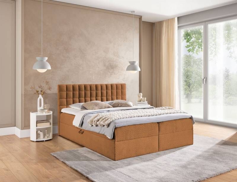 Fun Möbel Boxbett Schlafzimmerbett TORIBO PREMIUM Überlänge Stoff Coral (220cm) (inkl. Bettkasten, inkl. Taschenfederkernmatratze), inkl. Viscoschaum-Topper von Fun Möbel