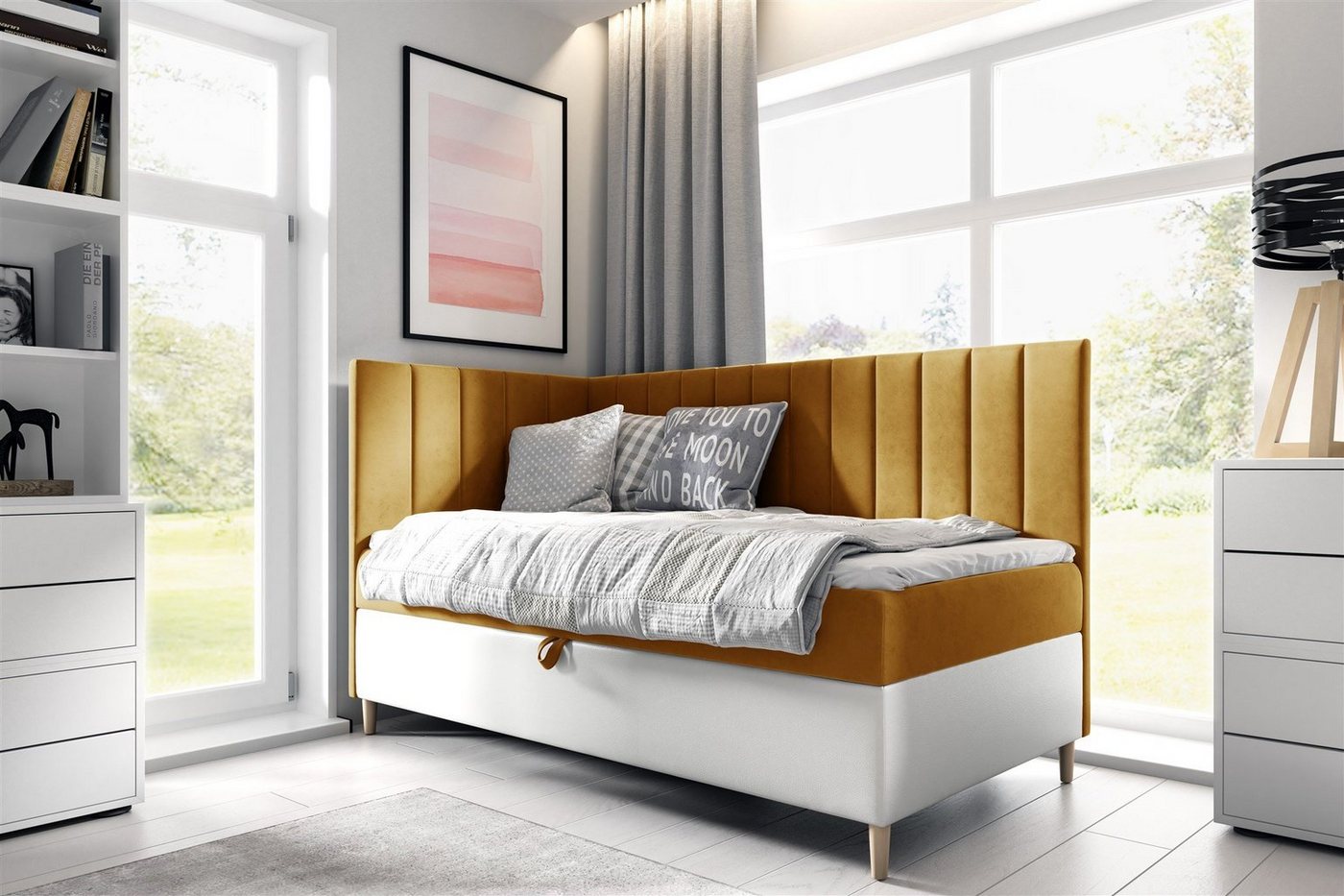 Fun Möbel Boxspringbett Boxspringbett Gästebett Kinderbett HELVI Nr.3 (inkl. Bettkasten und Topper, Bettkastenseite frei wählbar), Kopf- und Seitenteil von Fun Möbel