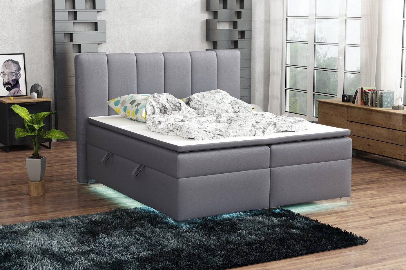 Fun Möbel Boxspringbett Boxspringbett Schlafzimmerbett ANGEL Kunstleder inkl.Topper und LED (inkl. Kaltschaumtopper) von Fun Möbel