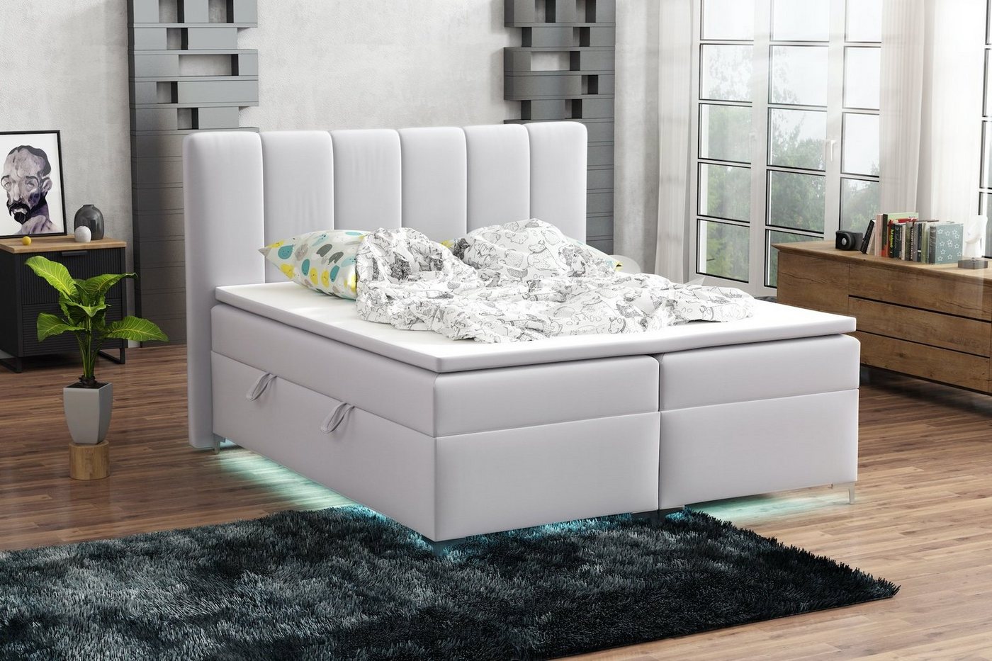 Fun Möbel Boxspringbett Boxspringbett Schlafzimmerbett ANGEL Stoff inkl.Topper und LED (inkl. Kaltschaumtopper), LED-Beleuchtung von Fun Möbel