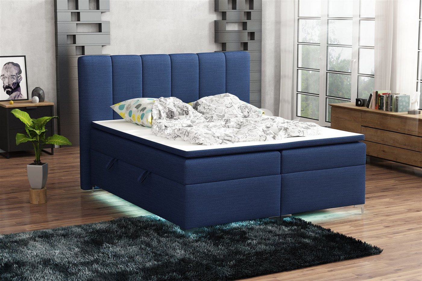 Fun Möbel Boxspringbett Boxspringbett Schlafzimmerbett ANGEL Stoff inkl.Topper und LED (inkl. Kaltschaumtopper), LED-Beleuchtung von Fun Möbel