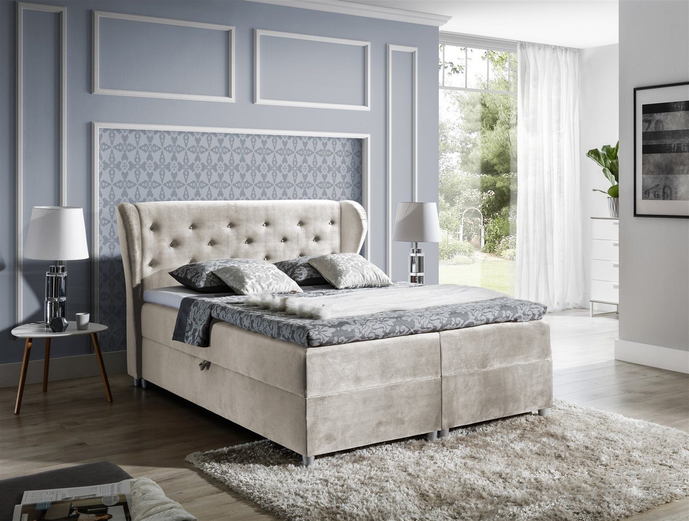 Fun Möbel Boxspringbett Boxspringbett Schlafzimmerbett ARIANNA Stoff Beige inkl. Bettkasten (N/A, 1-St., inkl. Kaltschaumtopper), inkl. Topper von Fun Möbel
