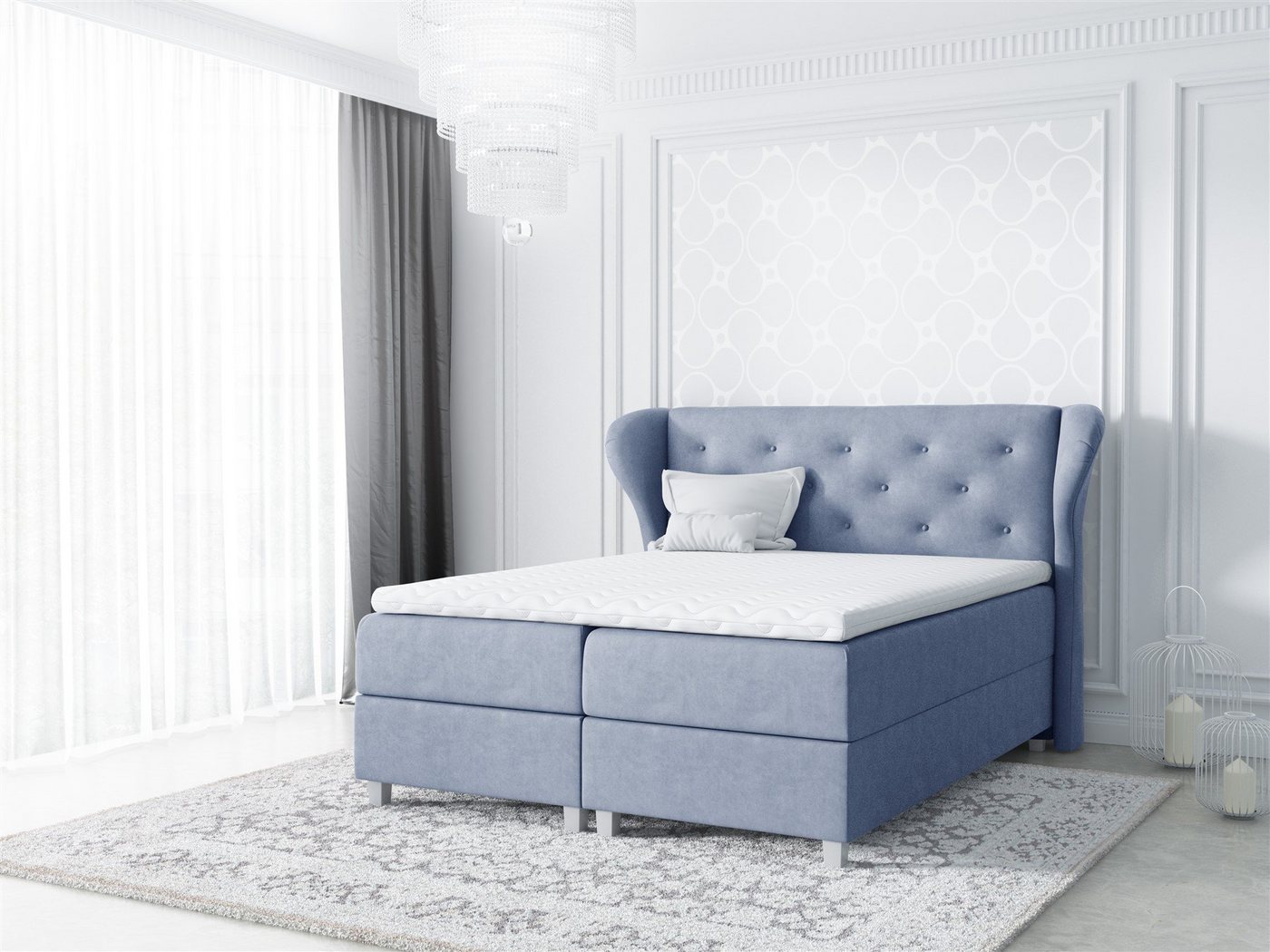 Fun Möbel Boxspringbett Boxspringbett Schlafzimmerbett ARIANNA Stoff Hellblau inkl. Bettkasten (N/A, 1-St., inkl. Kaltschaumtopper), inkl. Topper von Fun Möbel