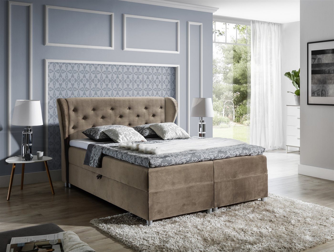 Fun Möbel Boxspringbett Boxspringbett Schlafzimmerbett ARIANNA Stoff Hellbraun (N/A, 1-St., inkl. Kaltschaumtopper), inkl. Topper, inkl. Bettkasten von Fun Möbel