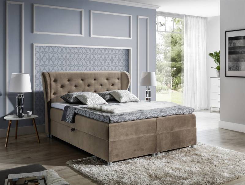 Fun Möbel Boxspringbett Boxspringbett Schlafzimmerbett ARIANNA Stoff Hellbraun (N/A, 1-St., inkl. Kaltschaumtopper), inkl. Topper, inkl. Bettkasten von Fun Möbel
