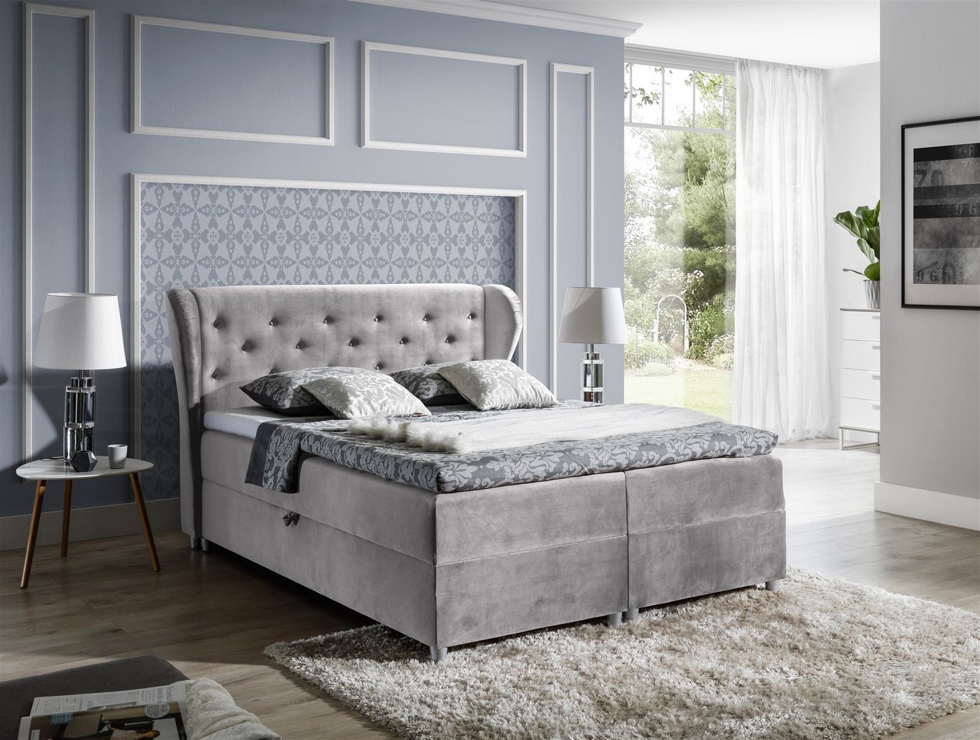 Fun Möbel Boxspringbett Boxspringbett Schlafzimmerbett ARIANNA Stoff Silbergrau (N/A, 1-St., inkl. Kaltschaumtopper), inkl. Topper, inkl. Bettkasten von Fun Möbel