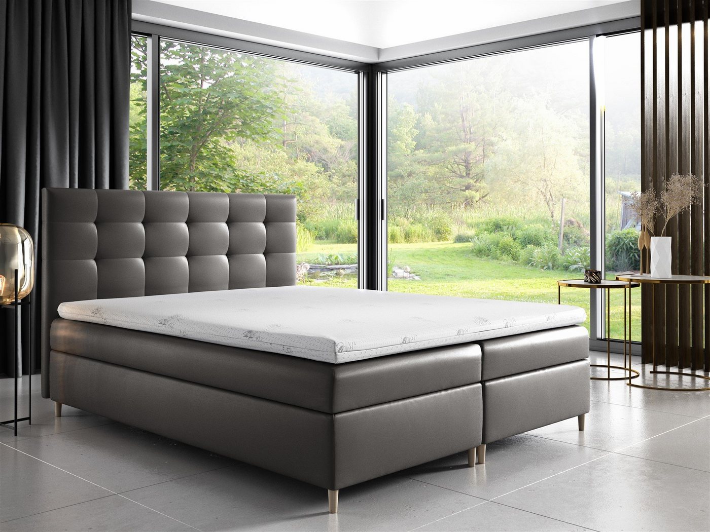 Fun Möbel Boxspringbett Boxspringbett Schlafzimmerbett ARVID in Kunstleder Hellgrau (inkl. Bettkasten, 1-St., inkl. Kaltschaumtopper) von Fun Möbel