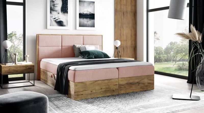 Fun Möbel Boxbett Schlafzimmerbett BARTEL Überlänge in Stoff Faro (inkl. Kaltschaumtopper und Bettkästen, auch in Standardlänge erhältlich), Rahmen des Bettes in Artisan Eichen-Optik von Fun Möbel