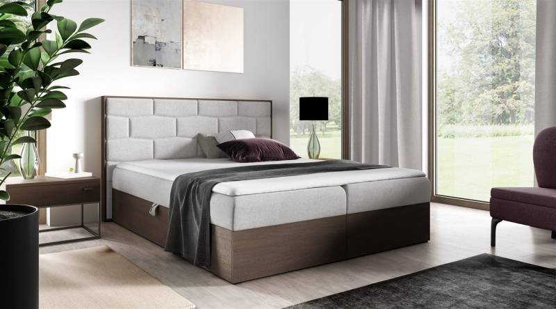 Fun Möbel Boxbett Schlafzimmerbett BEILA Stoff Faro (Inkl. Kaltschaumtopper und Bettkästen), Nordic-Teak-Optik von Fun Möbel