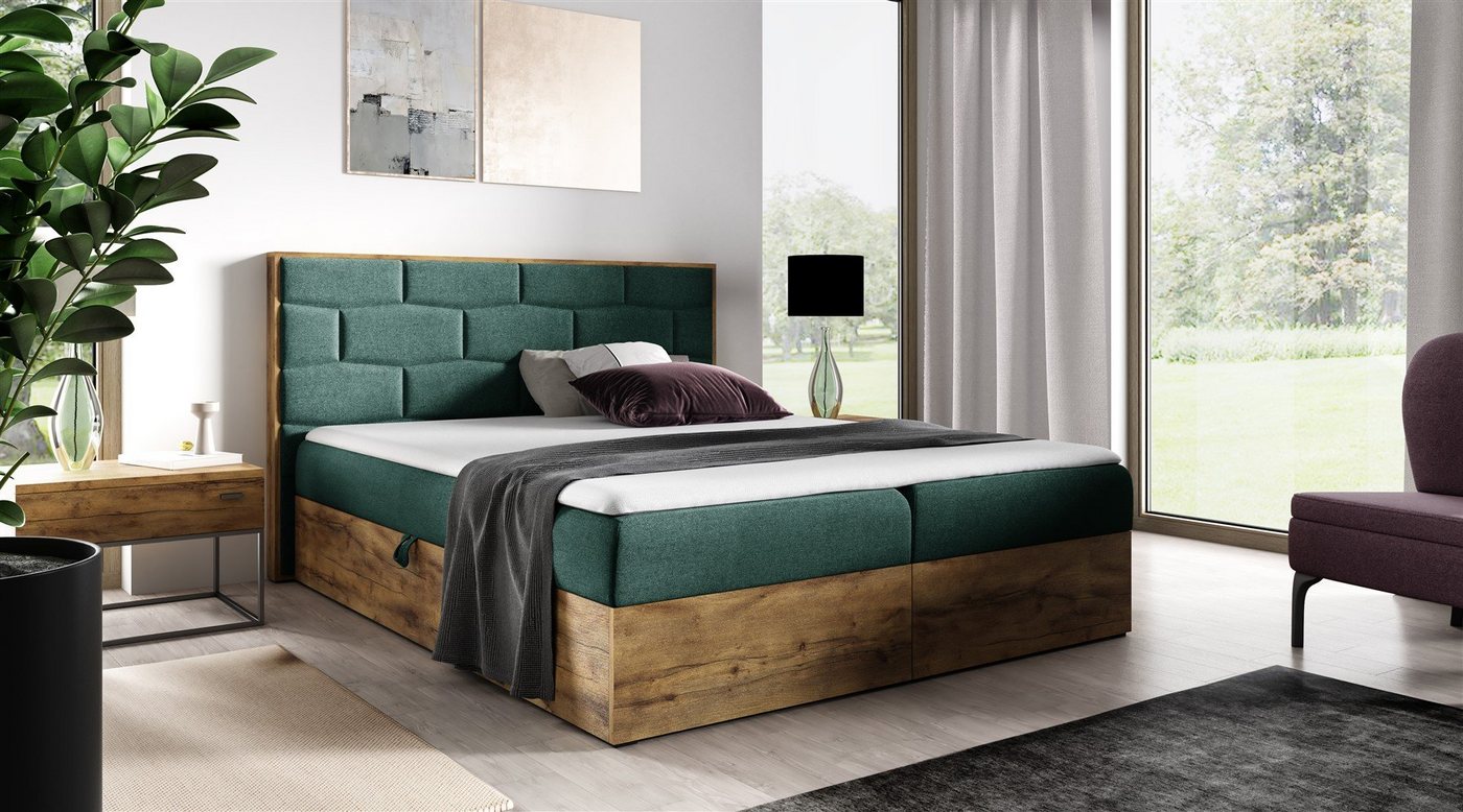 Fun Möbel Boxbett Schlafzimmerbett BEILA Überlänge in Stoff Faro (auch in Standardlänge erhältlich, Inkl. Bettkästen und Topper), Lancelot-Eiche-Optik von Fun Möbel