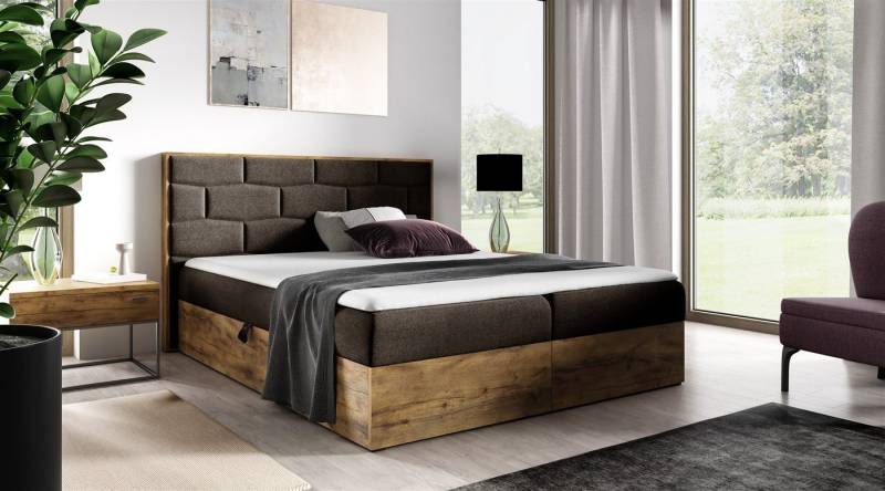 Fun Möbel Boxbett Schlafzimmerbett BEILA Überlänge in Stoff Faro (auch in Standardlänge erhältlich, Inkl. Bettkästen und Topper), Lancelot-Eiche-Optik von Fun Möbel