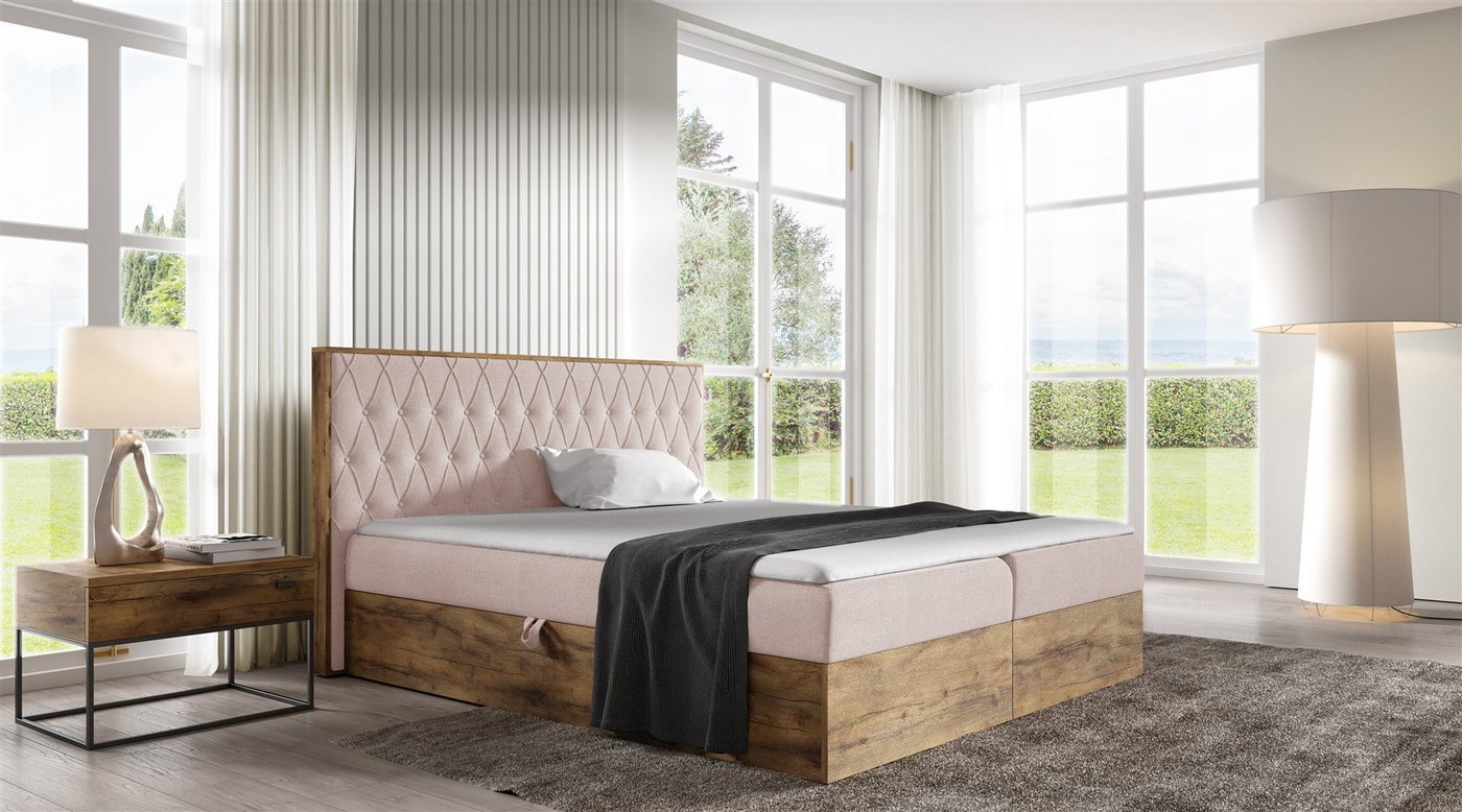 Fun Möbel Boxspringbett Boxspringbett Schlafzimmerbett BROMIA Überlänge in Stoff Faro (auch in Standardlänge erhältlich, inkl. Kaltschaumtopper und Topper), Lancelot-Eiche-Optik von Fun Möbel