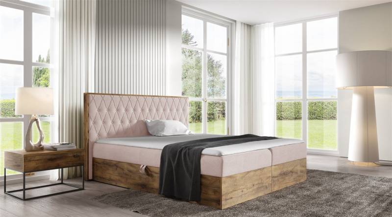 Fun Möbel Boxspringbett Boxspringbett Schlafzimmerbett BROMIA Überlänge in Stoff Faro (auch in Standardlänge erhältlich, inkl. Kaltschaumtopper und Topper), Lancelot-Eiche-Optik von Fun Möbel