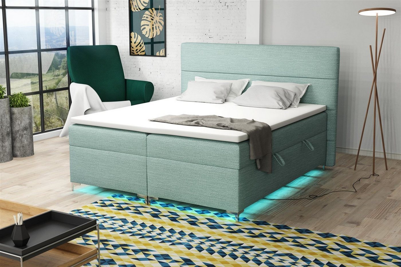 Fun Möbel Boxspringbett Boxspringbett Schlafzimmerbett CANELA Stoff inkl. LED (inkl. Kaltschaumtopper), LED-Beleuchtung von Fun Möbel