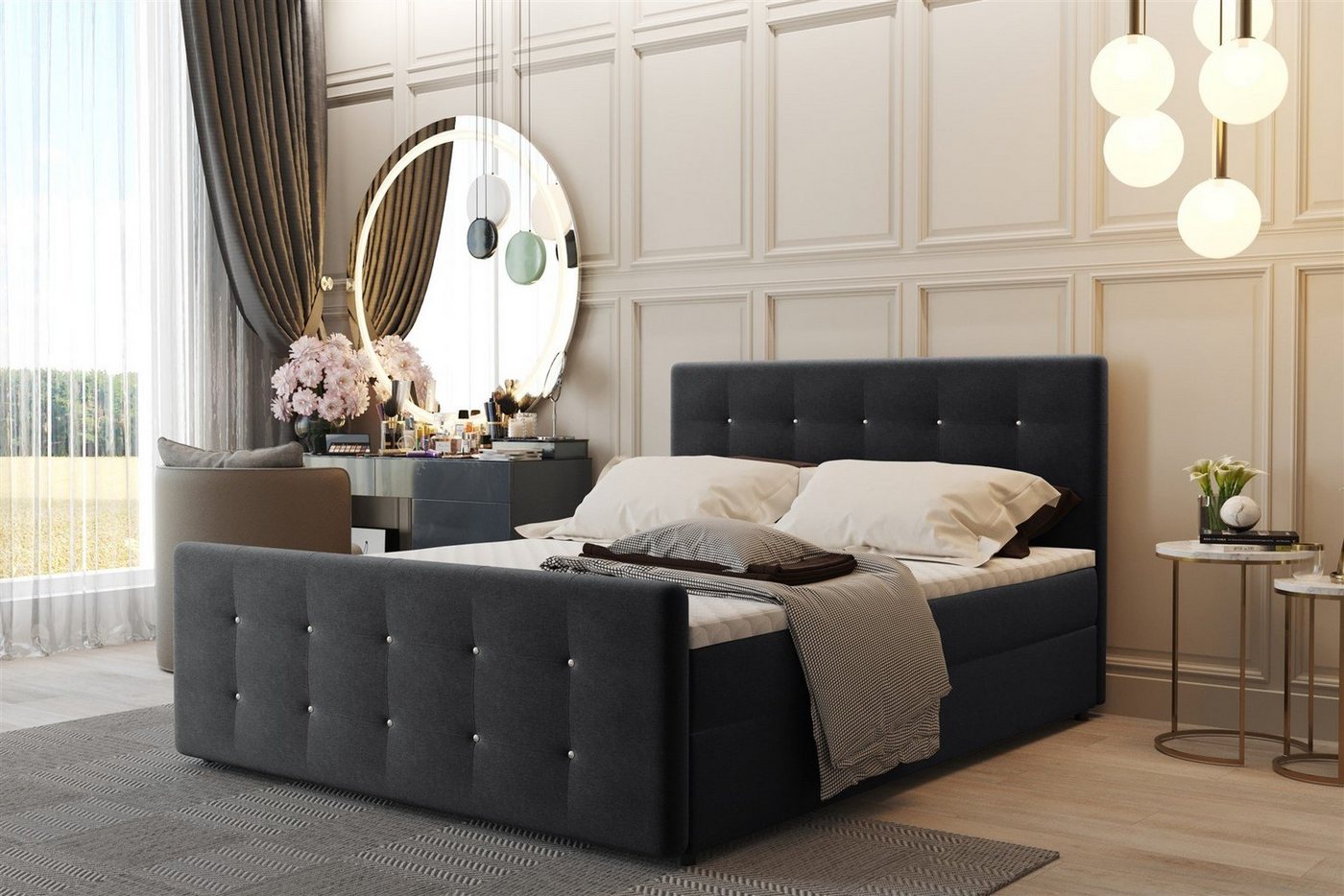 Fun Möbel Boxspringbett Boxspringbett Schlafzimmerbett CARLOS Überlänge in Stoff Soro (inkl. Bettkasten, inkl. Kaltschaumtopper), gepolstertes Fußteil von Fun Möbel