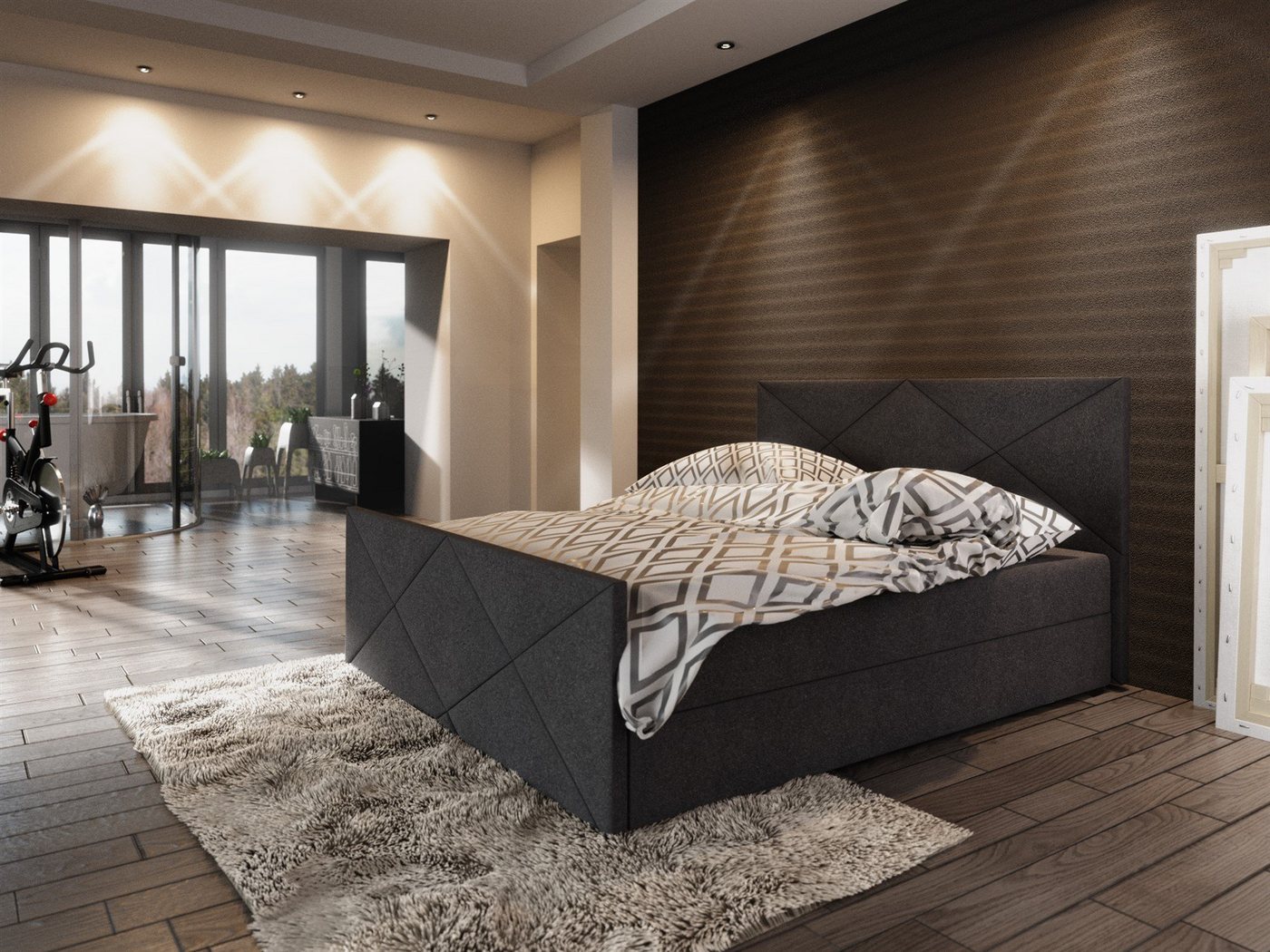 Fun Möbel Boxspringbett Boxspringbett Schlafzimmerbett HUGO Variante D in Stoff "Cosmic" (inkl. Bettkasten, inkl. Kaltschaumtopper), gepolstertes Fußteil von Fun Möbel