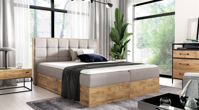 Fun Möbel Boxspringbett Boxspringbett Schlafzimmerbett KALYPSO Überlänge in Stoff Faro (auch in Standardlänge erhältlich, inkl. Kaltschaumtopper), Rahmen des Bettes in Artisan Eichen-Optik von Fun Möbel