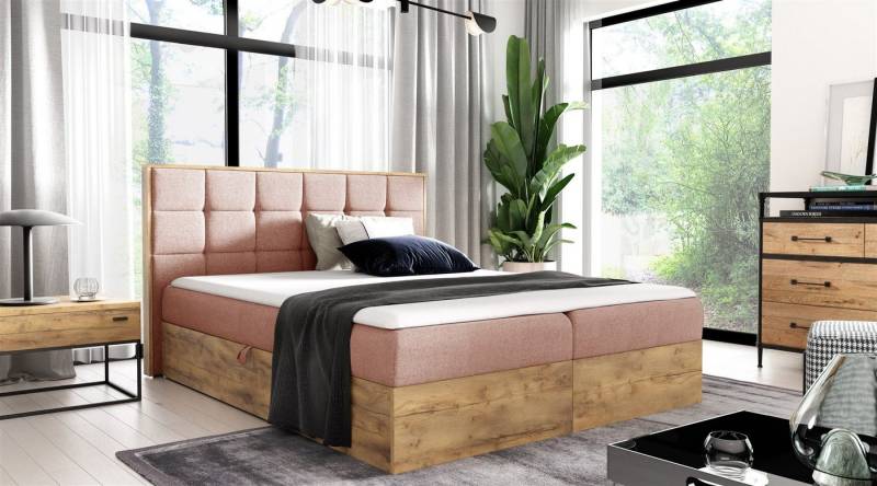 Fun Möbel Boxspringbett Boxspringbett Schlafzimmerbett KALYPSO Überlänge in Stoff Faro (auch in Standardlänge erhältlich, inkl. Kaltschaumtopper), Rahmen des Bettes in Artisan Eichen-Optik von Fun Möbel