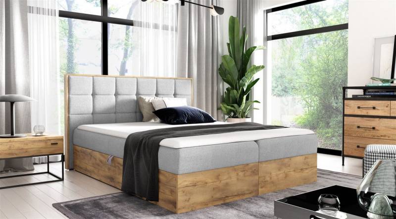 Fun Möbel Boxspringbett Boxspringbett Schlafzimmerbett KALYPSO Überlänge in Stoff Faro (auch in Standardlänge erhältlich, inkl. Kaltschaumtopper), Rahmen des Bettes in Artisan Eichen-Optik von Fun Möbel