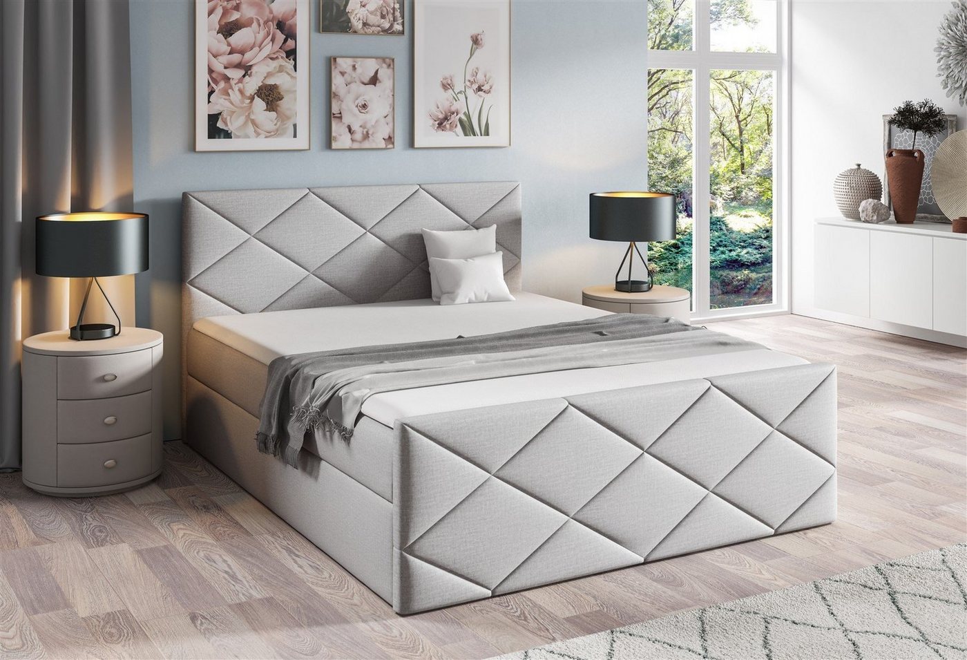 Fun Möbel Boxbett Schlafzimmerbett KOSMOS 220 in Stoff Fancy (inkl. Bettkasten, inkl. Kaltschaumtopper), gepolstertes Fußteil von Fun Möbel