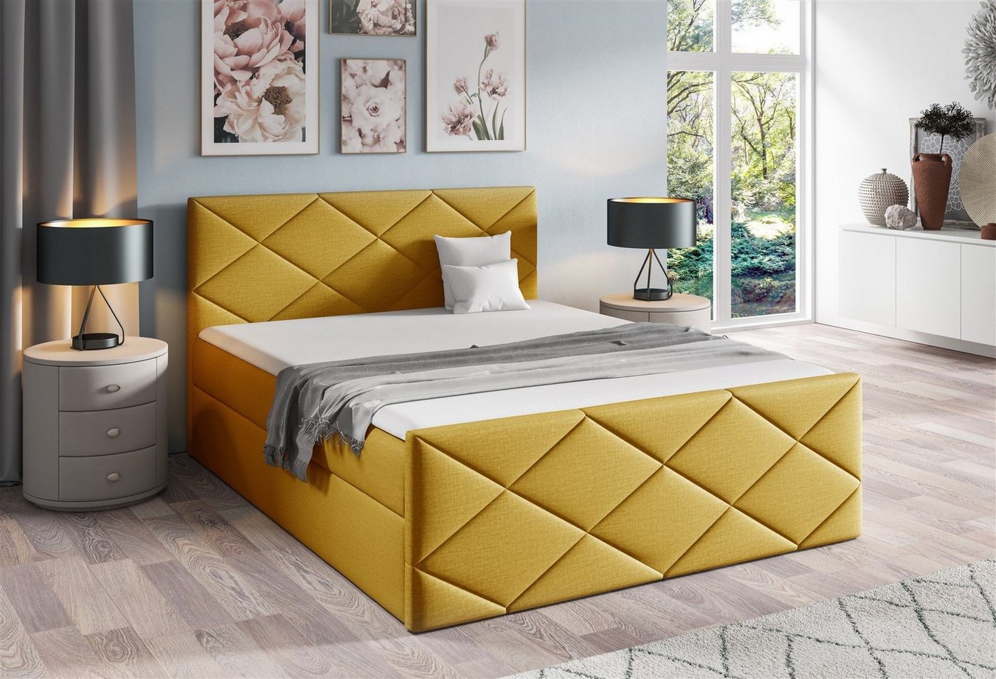 Fun Möbel Boxbett Schlafzimmerbett KOSMOS 220 in Stoff Fancy (inkl. Bettkasten, inkl. Kaltschaumtopper), gepolstertes Fußteil von Fun Möbel