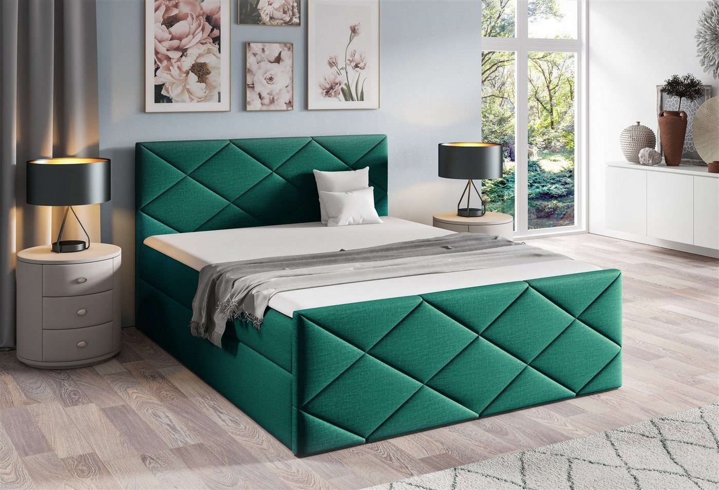 Fun Möbel Boxbett Schlafzimmerbett KOSMOS 220 in Stoff Fancy (inkl. Bettkasten, inkl. Kaltschaumtopper), gepolstertes Fußteil von Fun Möbel