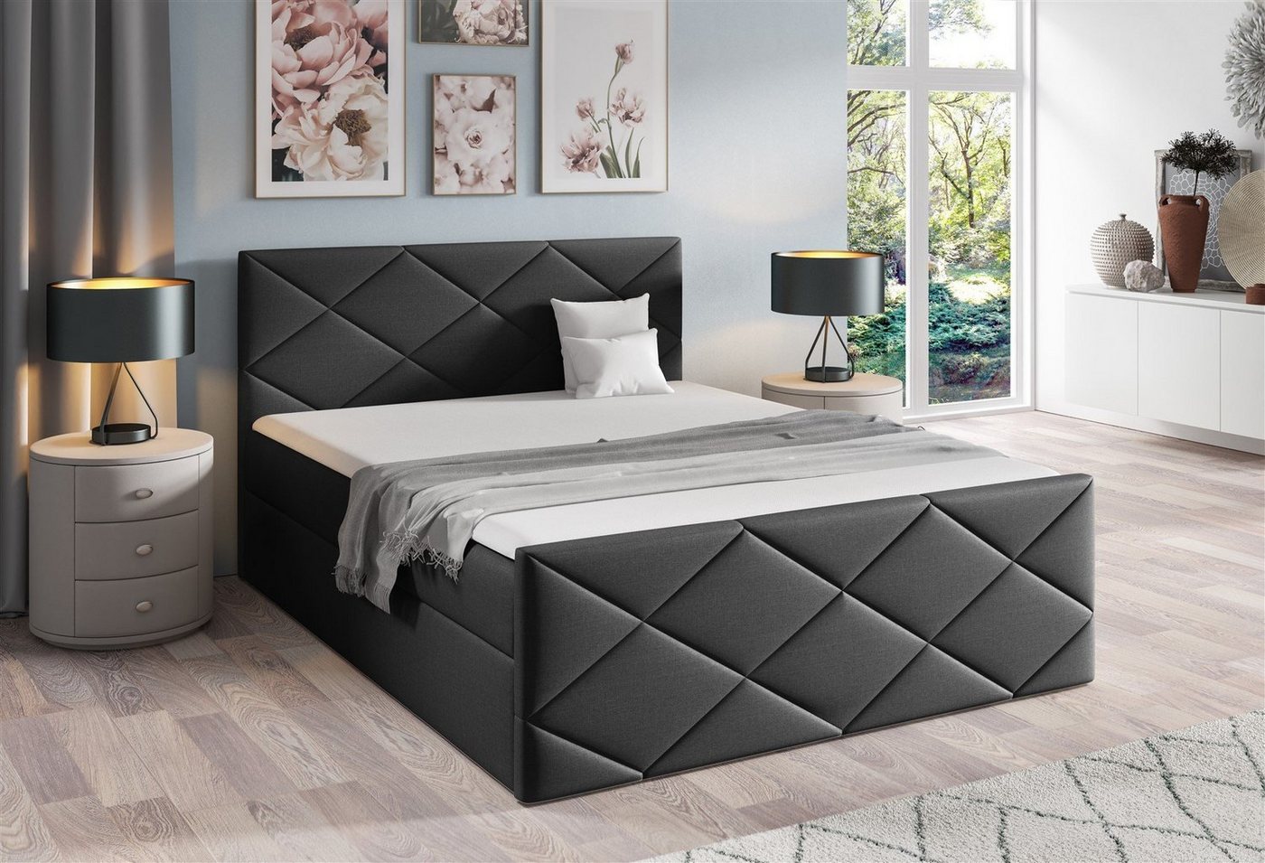 Fun Möbel Boxbett Schlafzimmerbett KOSMOS in Stoff inkl. Bettkasten (inkl. Kaltschaumtopper), gepolstertes Fußteil von Fun Möbel