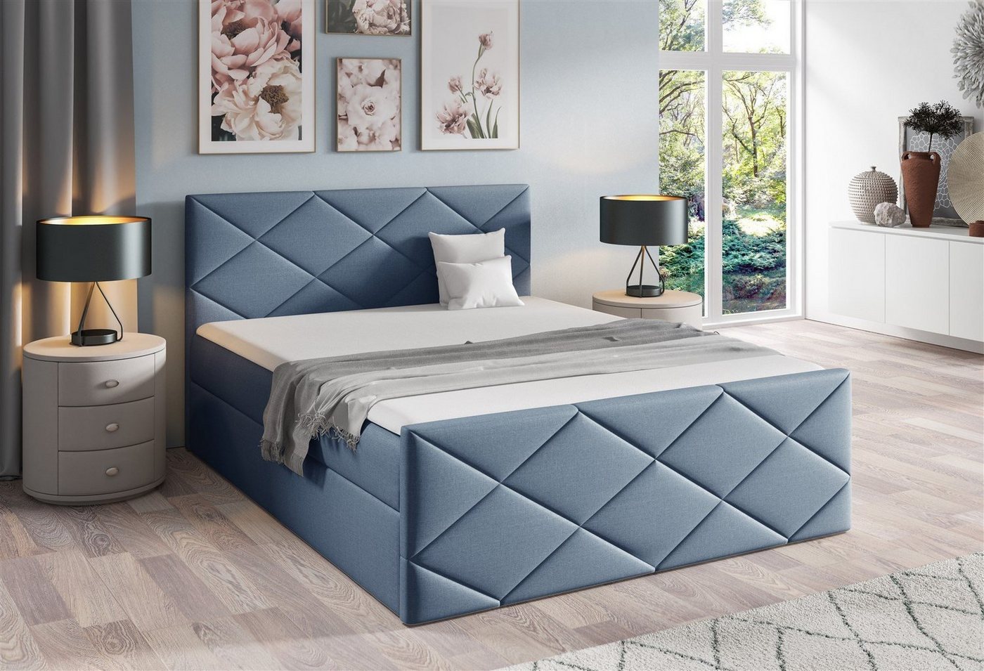 Fun Möbel Boxbett Schlafzimmerbett KOSMOS in Stoff inkl. Bettkasten (inkl. Kaltschaumtopper), gepolstertes Fußteil von Fun Möbel