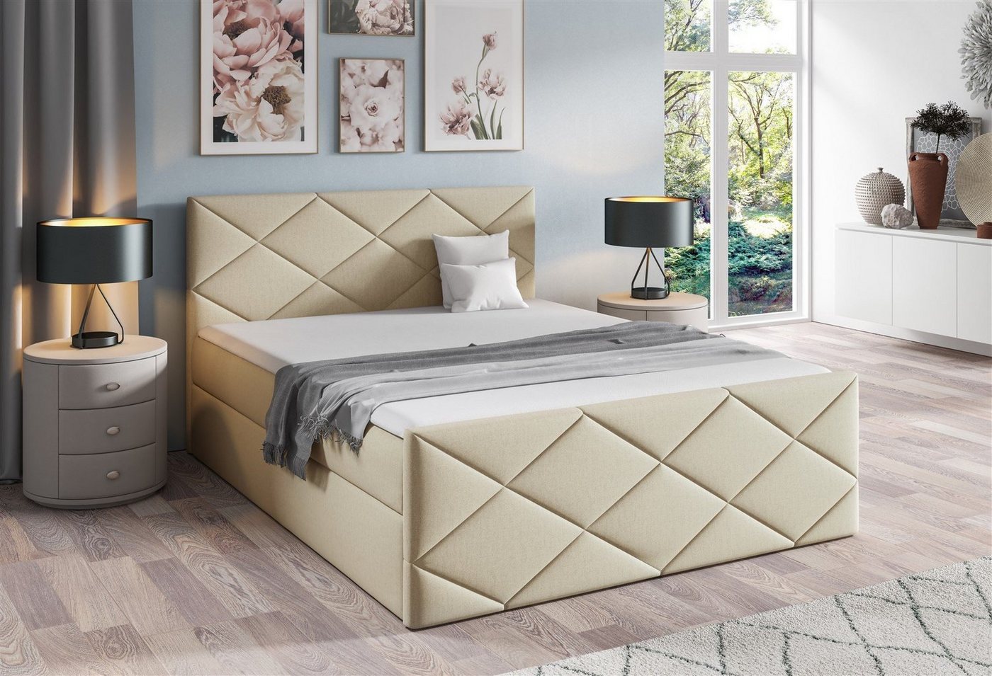 Fun Möbel Boxbett Schlafzimmerbett KOSMOS in Stoff inkl. Bettkasten (inkl. Kaltschaumtopper), gepolstertes Fußteil von Fun Möbel