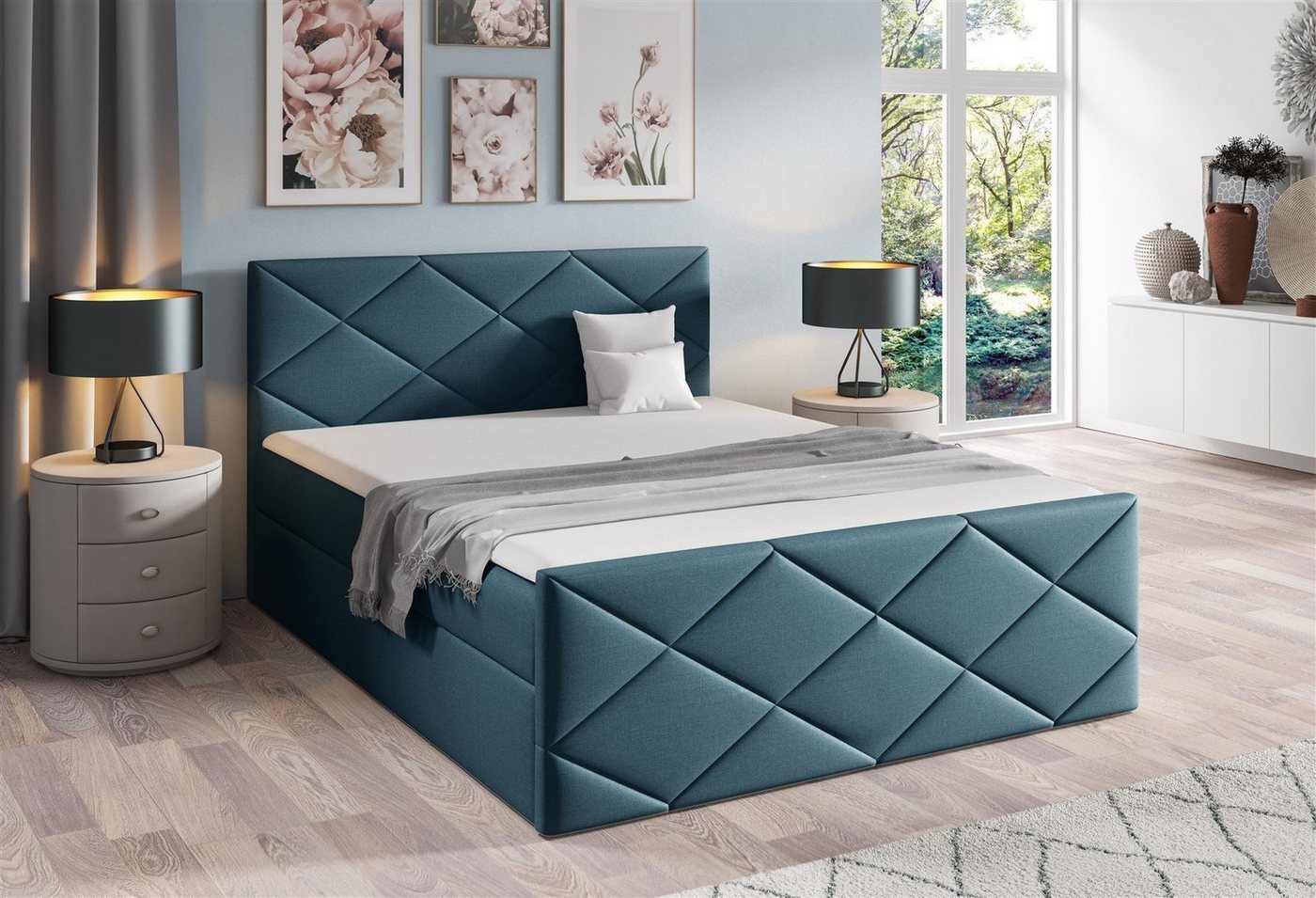 Fun Möbel Boxbett Schlafzimmerbett KOSMOS in Stoff inkl. Bettkasten (inkl. Kaltschaumtopper), gepolstertes Fußteil von Fun Möbel