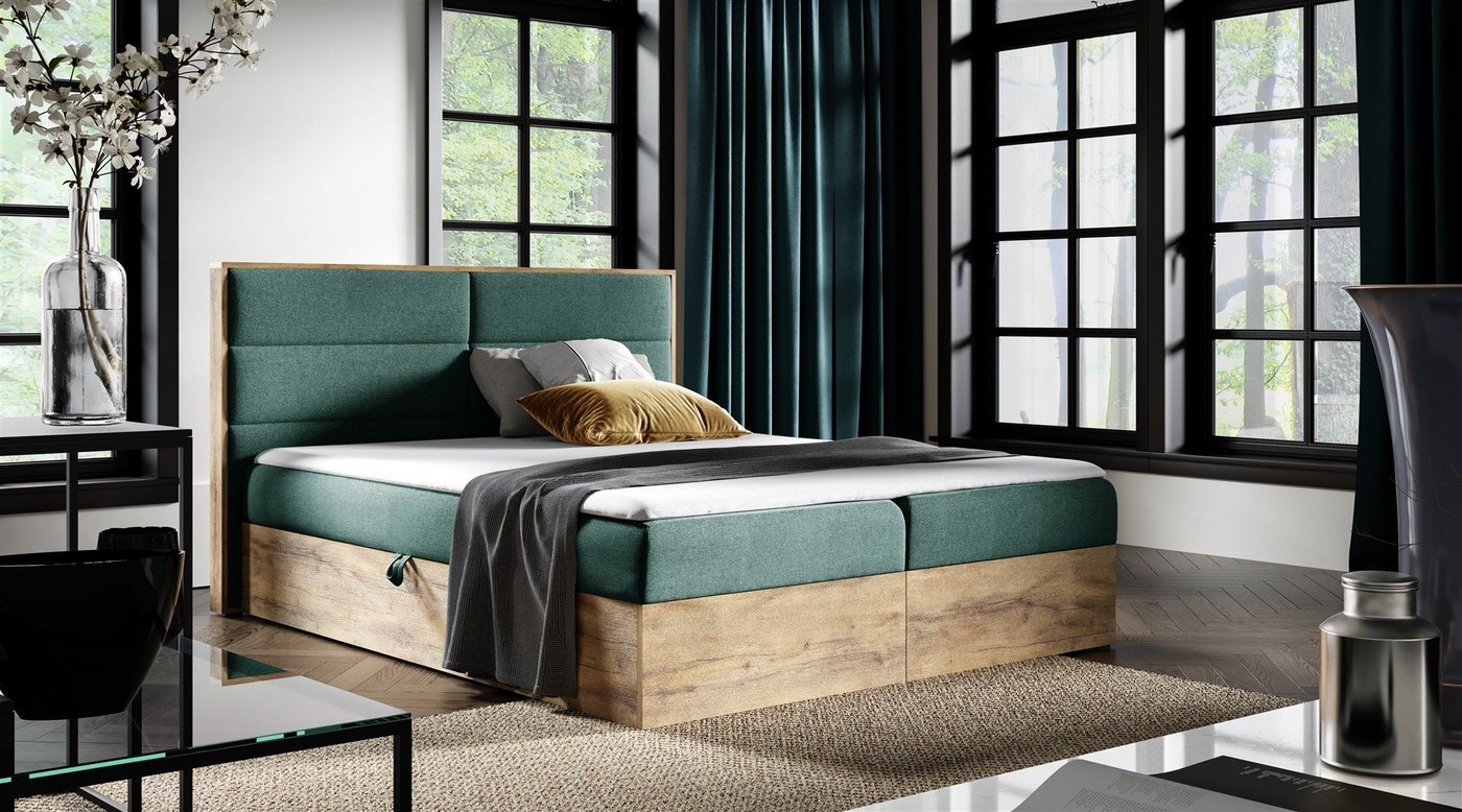 Fun Möbel Boxspringbett Boxspringbett Schlafzimmerbett LAMBROS Überlänge in Stoff Faro (auch in Standardlänge erhältlich, inkl. Kaltschaumtopper und Topper), Lancelot-Eiche-Optik von Fun Möbel
