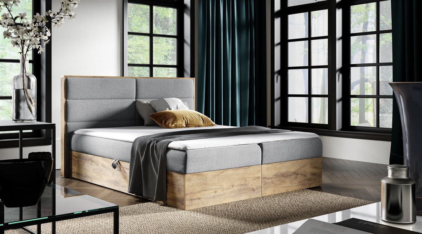 Fun Möbel Boxspringbett Boxspringbett Schlafzimmerbett LAMBROS Überlänge in Stoff Faro (auch in Standardlänge erhältlich, inkl. Kaltschaumtopper und Topper), Lancelot-Eiche-Optik von Fun Möbel