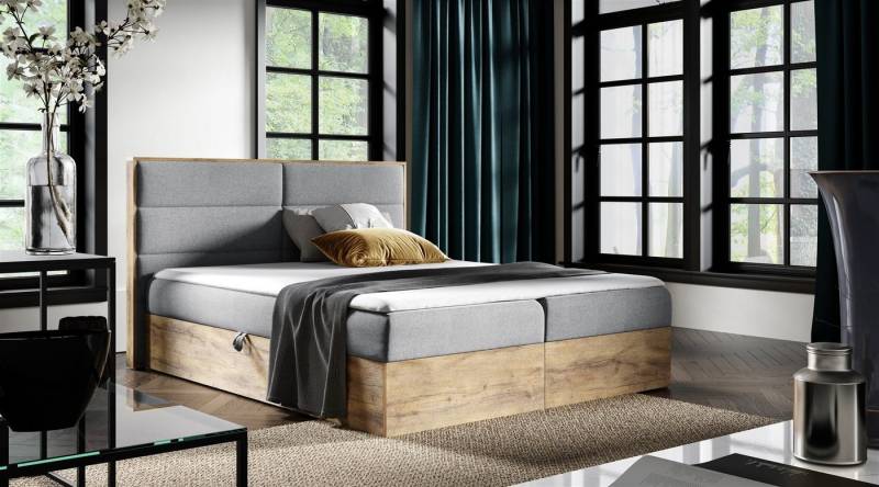 Fun Möbel Boxspringbett Boxspringbett Schlafzimmerbett LAMBROS Überlänge in Stoff Faro (auch in Standardlänge erhältlich, inkl. Kaltschaumtopper und Topper), Lancelot-Eiche-Optik von Fun Möbel