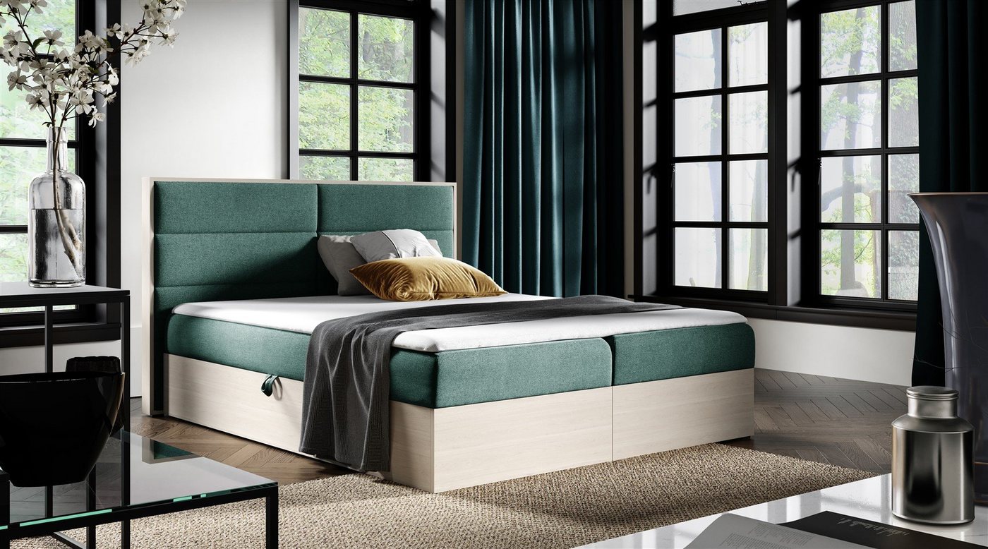Fun Möbel Boxspringbett Boxspringbett Schlafzimmerbett LAMBROS in Stoff u. Nordic-Teak-Optik (inkl. Bettkasten, inkl. Kaltschaumtopper), Nordic-Teak-Optik von Fun Möbel