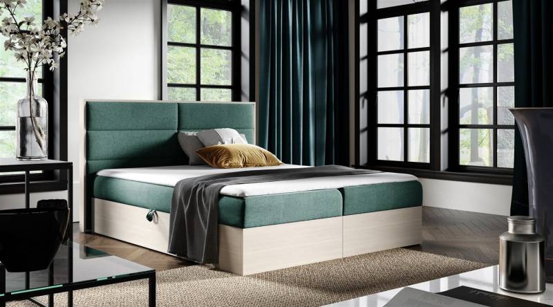 Fun Möbel Boxspringbett Boxspringbett Schlafzimmerbett LAMBROS in Stoff u. Nordic-Teak-Optik (inkl. Bettkasten, inkl. Kaltschaumtopper), Nordic-Teak-Optik von Fun Möbel