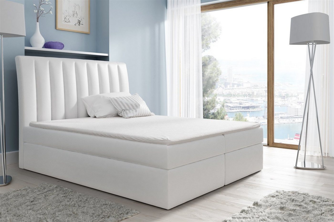Fun Möbel Boxspringbett Boxspringbett Schlafzimmerbett MALENA in Stoff oder Kunstleder (inkl. Bettkasten, inkl. Kaltschaumtopper) von Fun Möbel