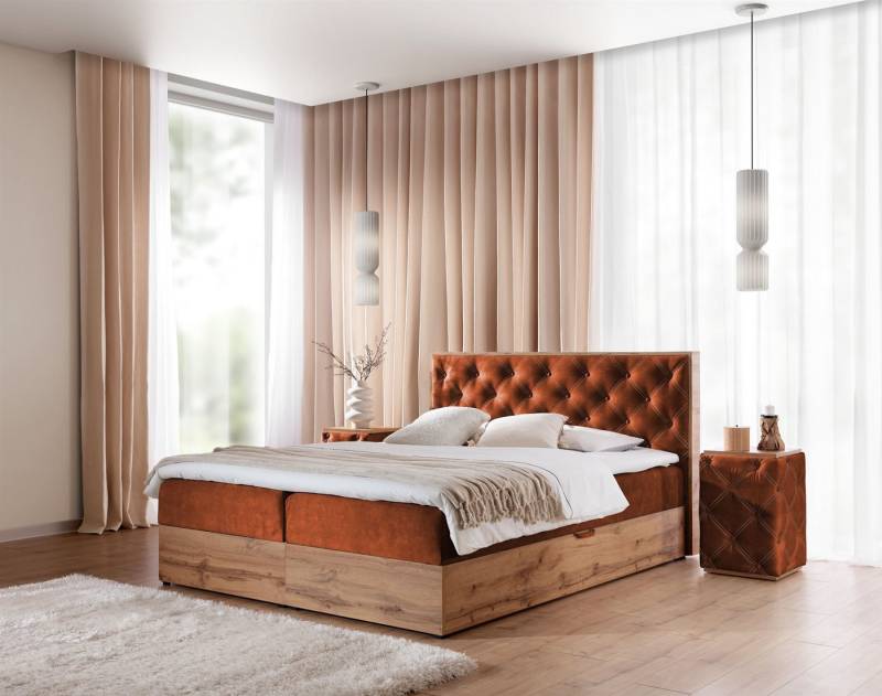 Fun Möbel Boxbett Schlafzimmerbett MAXIMO in Stoff Torre (inkl. Kaltschaumtopper), 2 Bettkästen, Artisan-Eiche-Optik von Fun Möbel