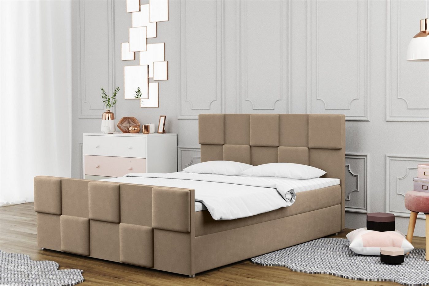 Fun Möbel Boxspringbett Boxspringbett Schlafzimmerbett MURILO in Stoff Monolith (auch in Überlänge erhältlich, inkl. Kaltschaumtopper und Topper), gepolstertes Fußteil von Fun Möbel