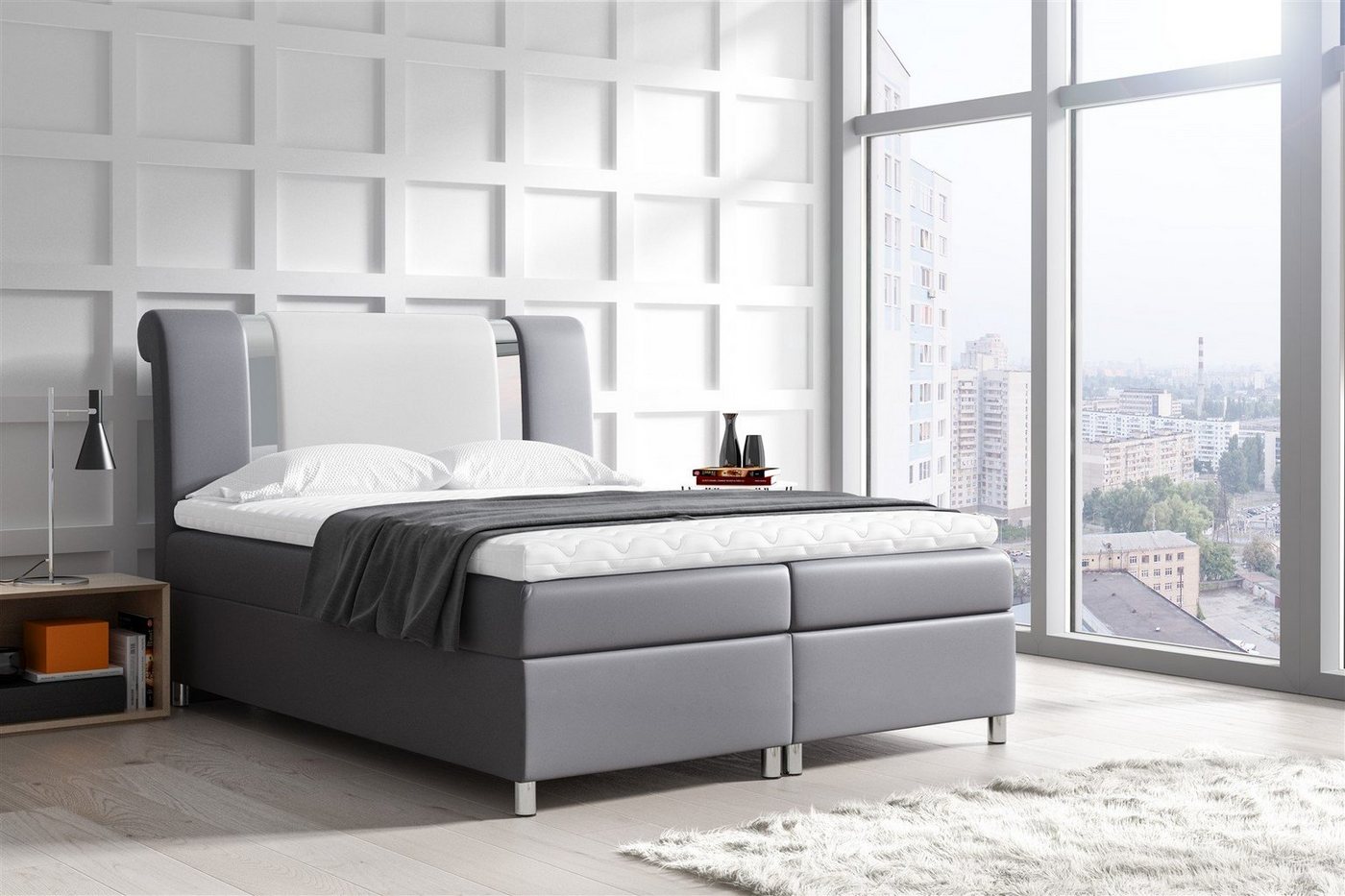 Fun Möbel Boxspringbett Boxspringbett Schlafzimmerbett NATHAN Kunstleder Grau/Weiß (inkl. Bettkasten, 1-St., inkl. Kaltschaumtopper), inkl. Topper von Fun Möbel