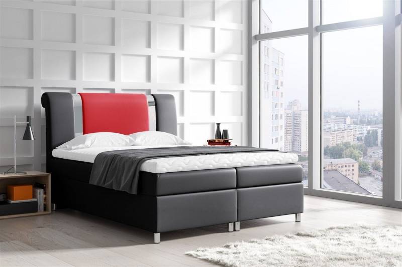 Fun Möbel Boxspringbett Boxspringbett Schlafzimmerbett NATHAN Kunstleder Schwarz/Rot (inkl. Bettkasten, 1-St., inkl. Kaltschaumtopper), inkl. Topper von Fun Möbel