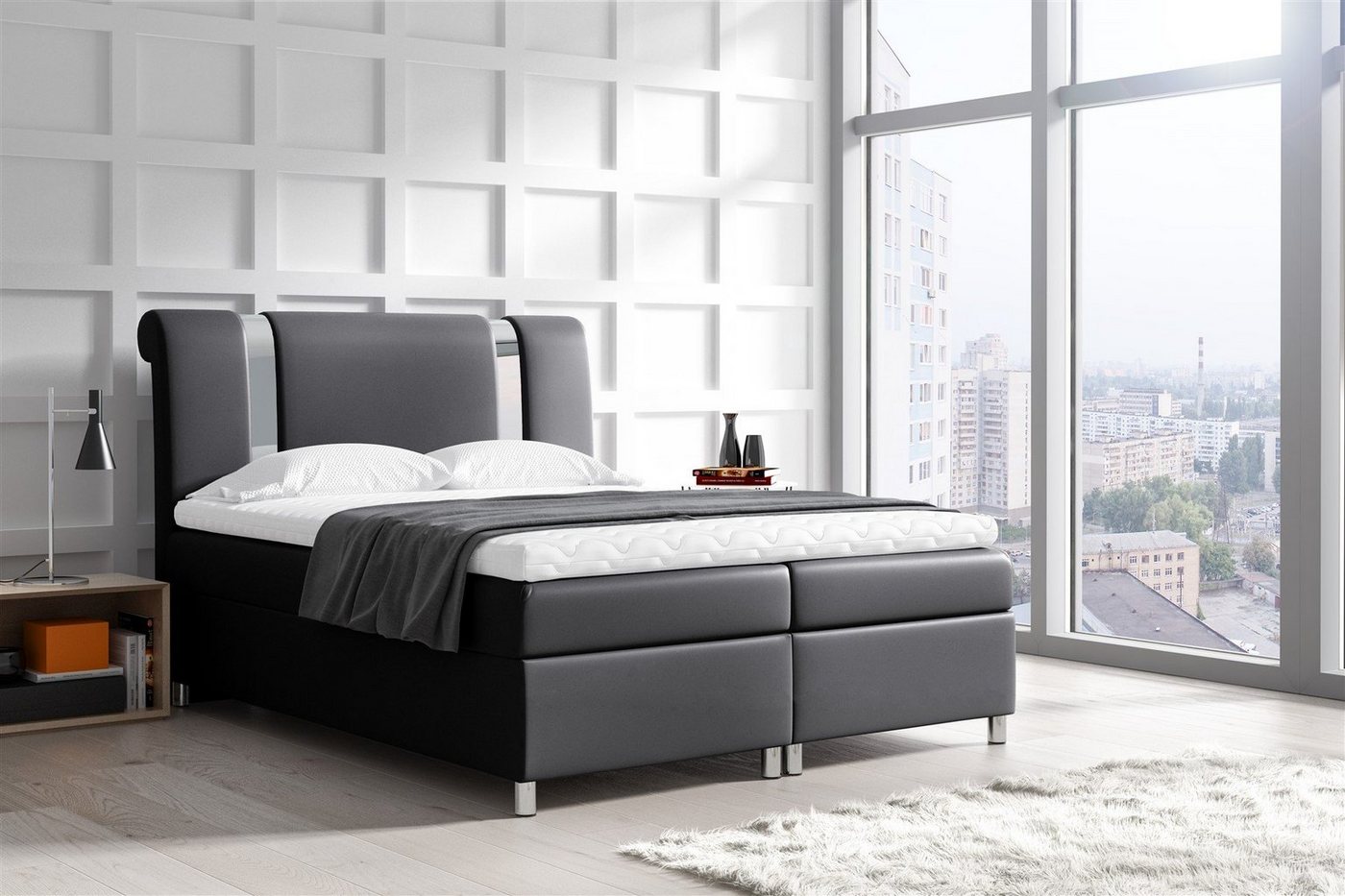 Fun Möbel Boxspringbett Boxspringbett Schlafzimmerbett NATHAN Kunstleder Schwarz (inkl. Bettkasten, 1-St., inkl. Kaltschaumtopper), inkl. Topper von Fun Möbel
