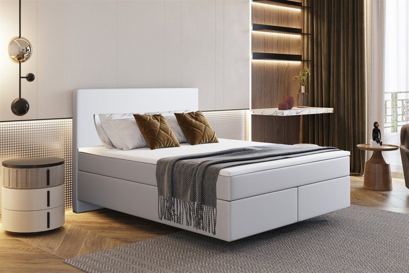 Fun Möbel Boxspringbett Boxspringbett Schlafzimmerbett ROCIO DELUX Nr.5 Kunstleder Madryt (inkl. Viscoschaumtopper), Scheinbar schwebende Optik von Fun Möbel