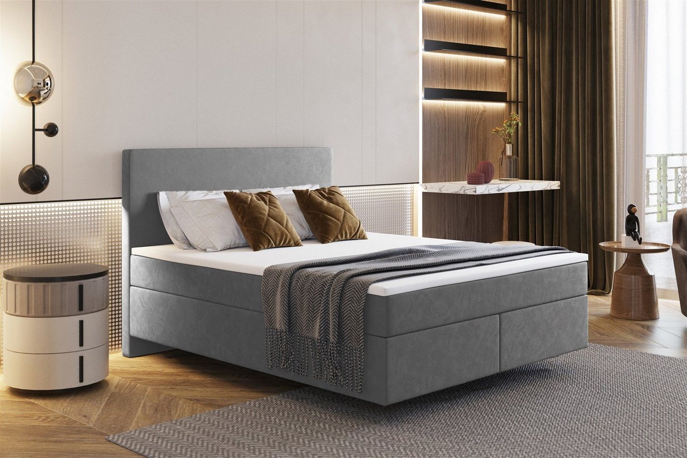 Fun Möbel Boxspringbett Boxspringbett Schlafzimmerbett ROCIO DELUX Nr.5 Stoff Monolith (inkl. Viscoschaumtopper), Scheinbar schwebende Optik von Fun Möbel