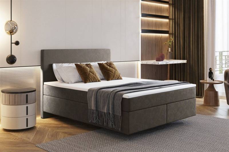 Fun Möbel Boxspringbett Boxspringbett Schlafzimmerbett ROCIO DELUX Nr.5 Stoff Monolith (inkl. Viscoschaumtopper), Scheinbar schwebende Optik von Fun Möbel