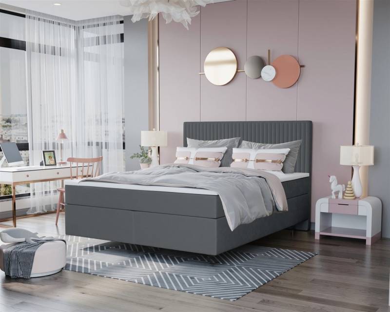 Fun Möbel Boxspringbett Boxspringbett Schlafzimmerbett ROCIO Premium Nr.2 Stoff Monolith (inkl. Kaltschaumtopper), Scheinbar schwebende Optik von Fun Möbel