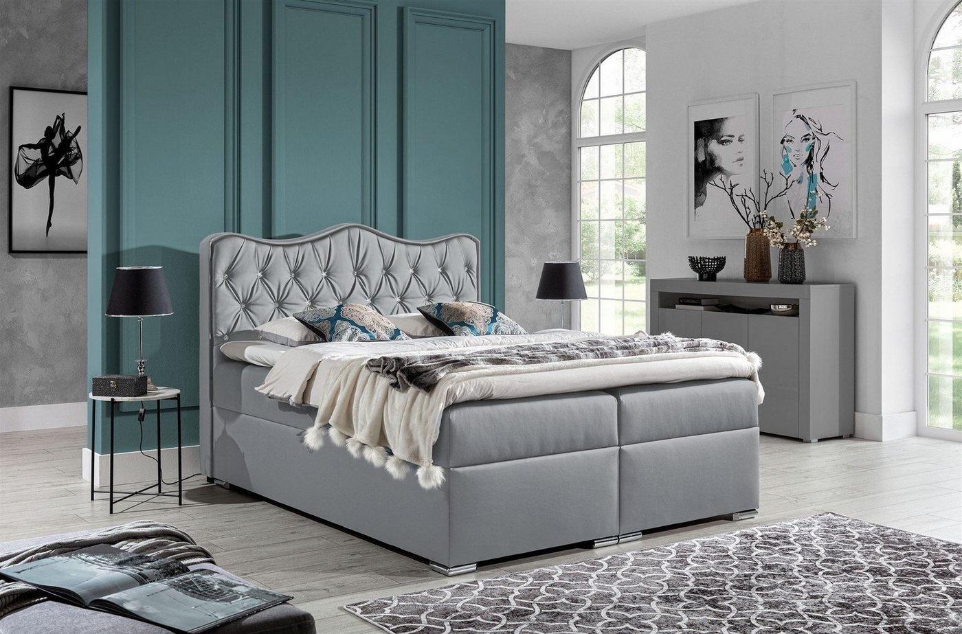 Fun Möbel Boxspringbett Boxspringbett Schlafzimmerbett SAHAN in Kunstleder Hellgrau (inkl. Bettkasten, 1-St., inkl. Kaltschaumtopper) von Fun Möbel