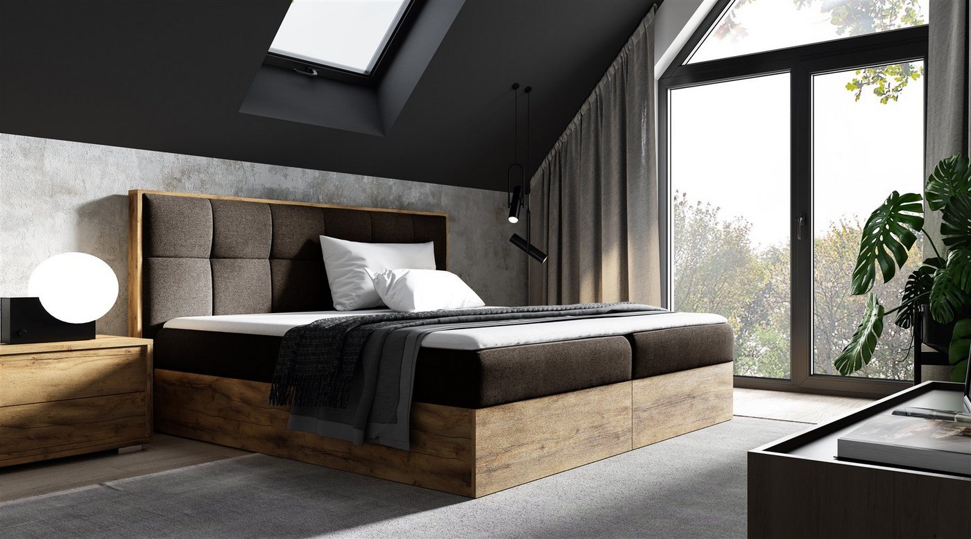 Fun Möbel Boxspringbett Boxspringbett Schlafzimmerbett THANOS Überlänge in Stoff Faro (auch in Standardlänge erhältlich, inkl. Kaltschaumtopper und Topper), Lancelot-Eiche-Optik von Fun Möbel
