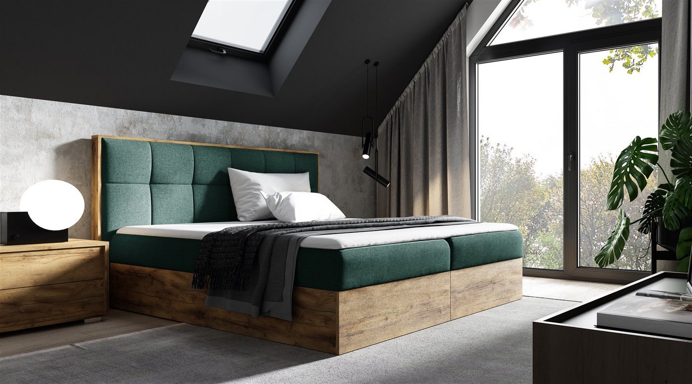 Fun Möbel Boxspringbett Boxspringbett Schlafzimmerbett THANOS Überlänge in Stoff Faro (auch in Standardlänge erhältlich, inkl. Kaltschaumtopper und Topper), Lancelot-Eiche-Optik von Fun Möbel