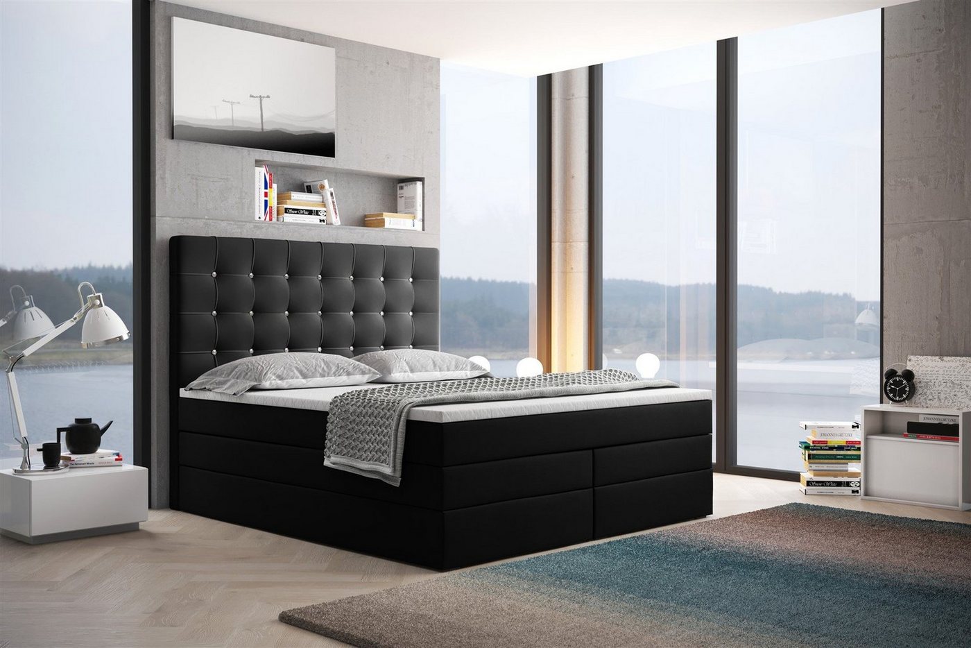 Fun Möbel Boxspringbett Boxspringbett Schlafzimmerbett TRIANA DELUX Kunstleder Madryt (inkl. Bettkasten, inkl. Viscoschaumtopper), Strasssteine im Kopfteil von Fun Möbel